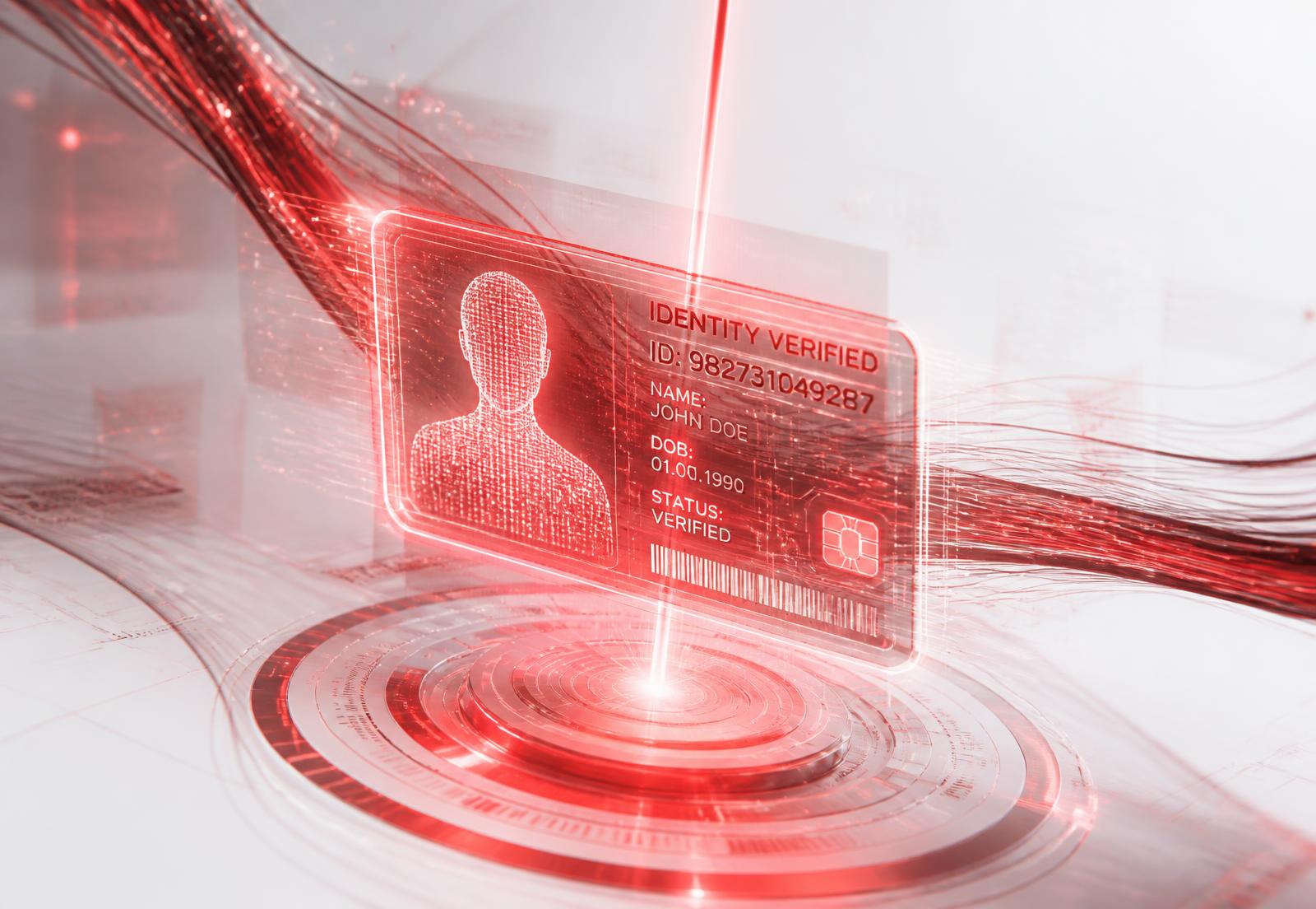 Holographic identity card being verified by a red laser scanner